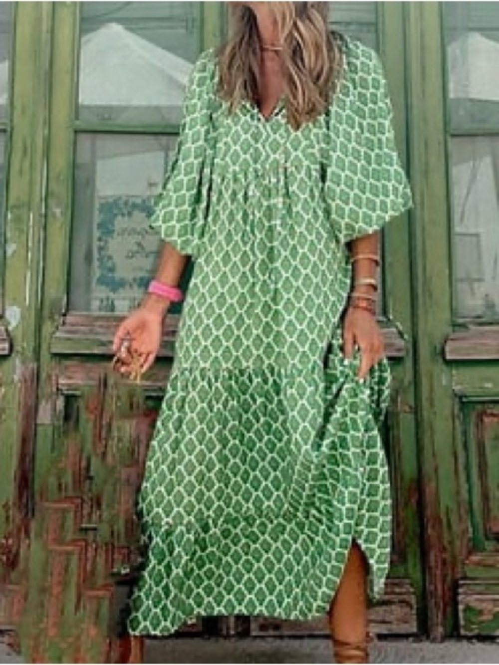 Green Patterned V-Neck Maxi Dress - Picture 3 of 8